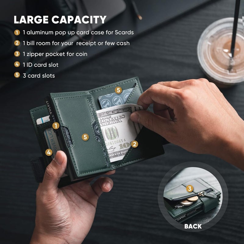 VULKIT حامل بطاقات محفظة جلدية قابلة للطي للرجال مع حماية RFID، علبة بطاقات معدنية، تحمل 9 بطاقات ونقود خضراء - Image 3